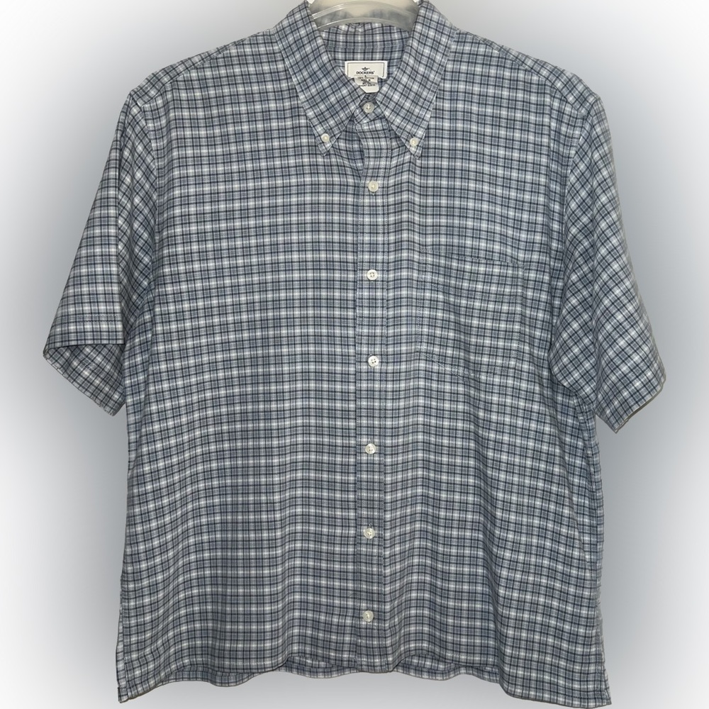 🔴Dockers Men’s Plaid Short Sleeve Button Up Blue Cream Collar Large